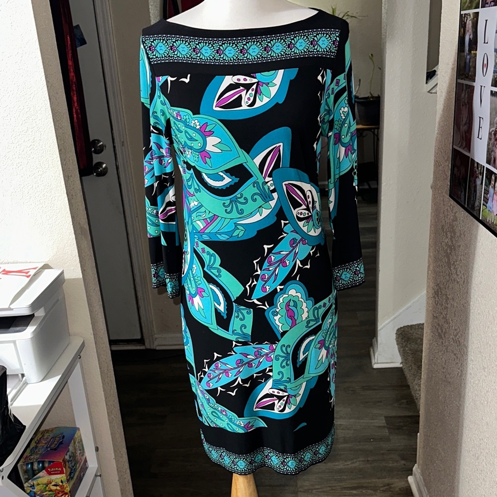 Roulette Black Midi Dress with Turquoise and Teal Paisley Print